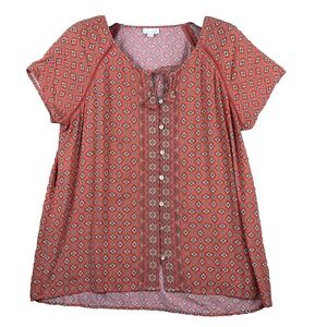 J.Jill Womens L Orange Floral Print Boho Peasant Blouse Rayon Button Front Tunic